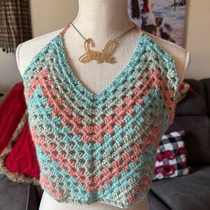 Crochet Halter in Aqua, Grey and Pink Handmade 🩵🩶🩷